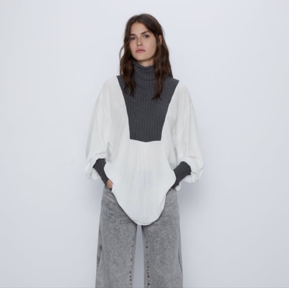 Zara Contrasting Grey Bib Knit Sweater Poplin Cotton long Blouse Size small
